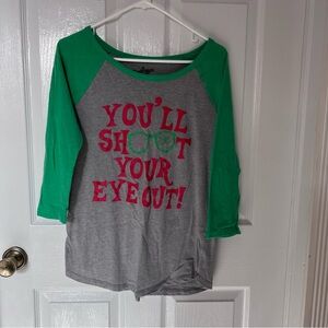 Grey and Green Raglan Long Sleeve Tee with Red Graphic
